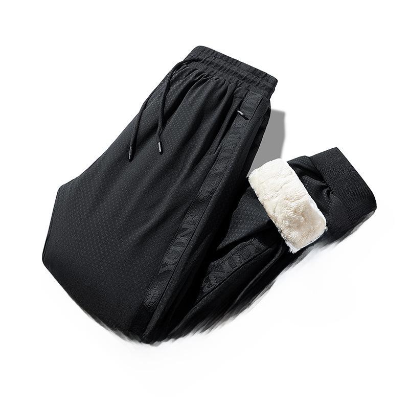 Men’s Warm Windproof Cotton Sweatpants: Large Size, Fleece-Lined Lambskin for Autumn & Winter