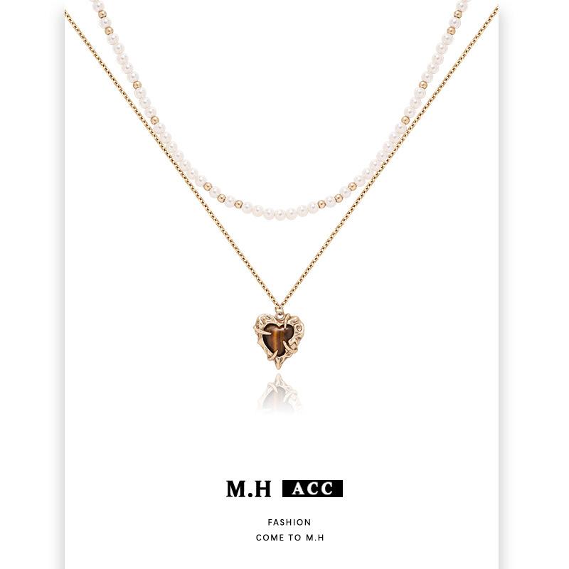 Autumn and Winter Tiger's Eye Stone Love Pearl Necklace Women's Double Layer Stacked Gold Clavicle Chain Niche Pendant