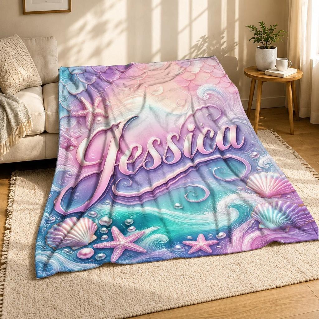 Jessica Mermaid Name Coral Fleece Blanket Personalized Ocean Decor