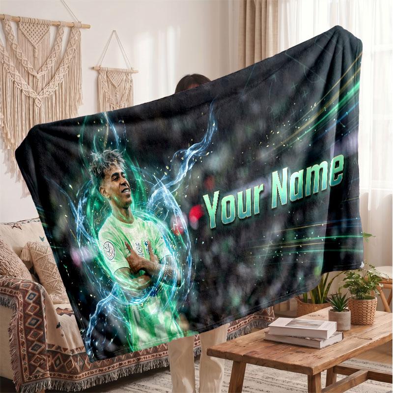 Coperta in pile personalizzata Lamine Yamal con logo del calcio, testo con nome personalizzato, morbida, calda, coperta da divano per la casa