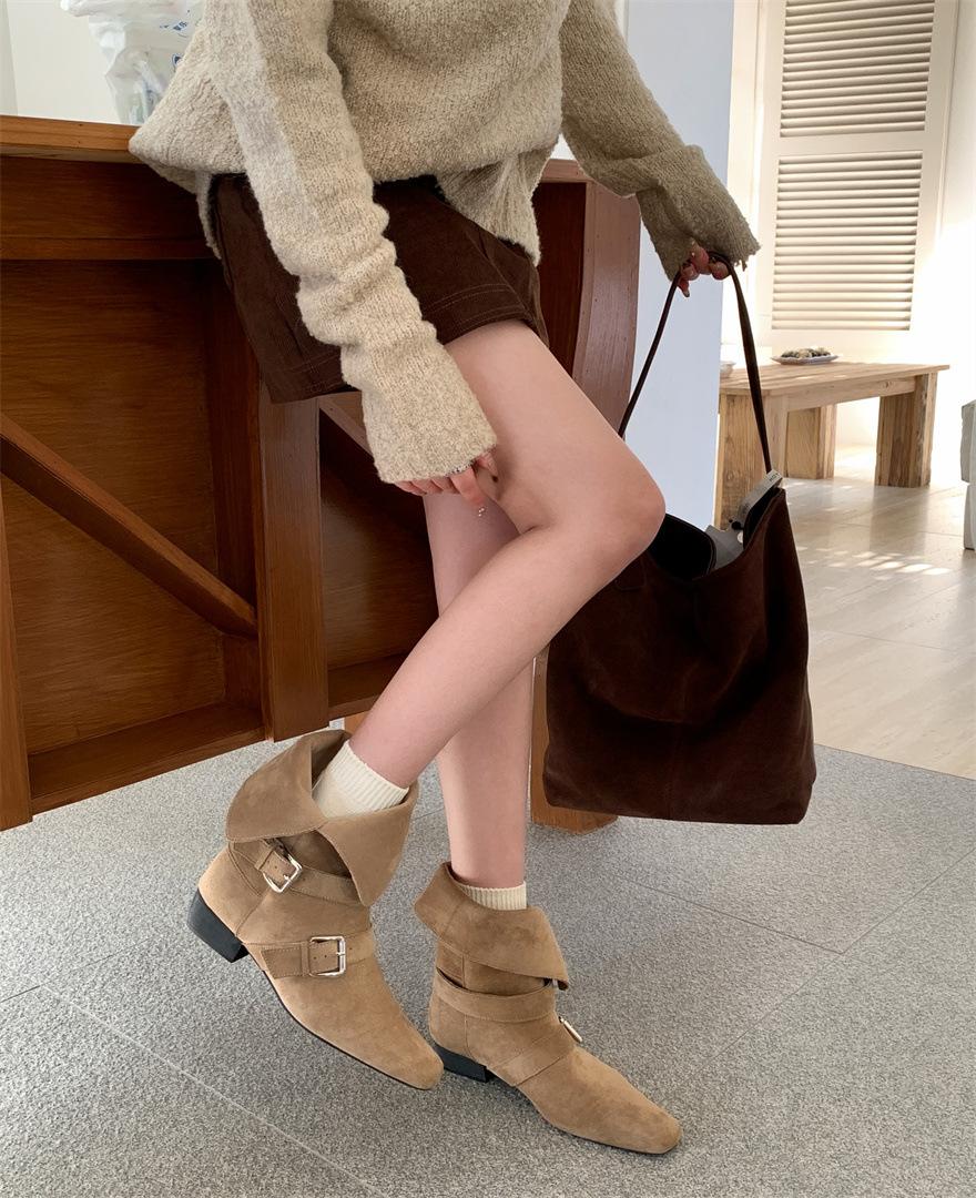 

~ Light retro European and American style suede belt buckle thick heel short western boots autumn and winter new French short boots 39 абрикосовий