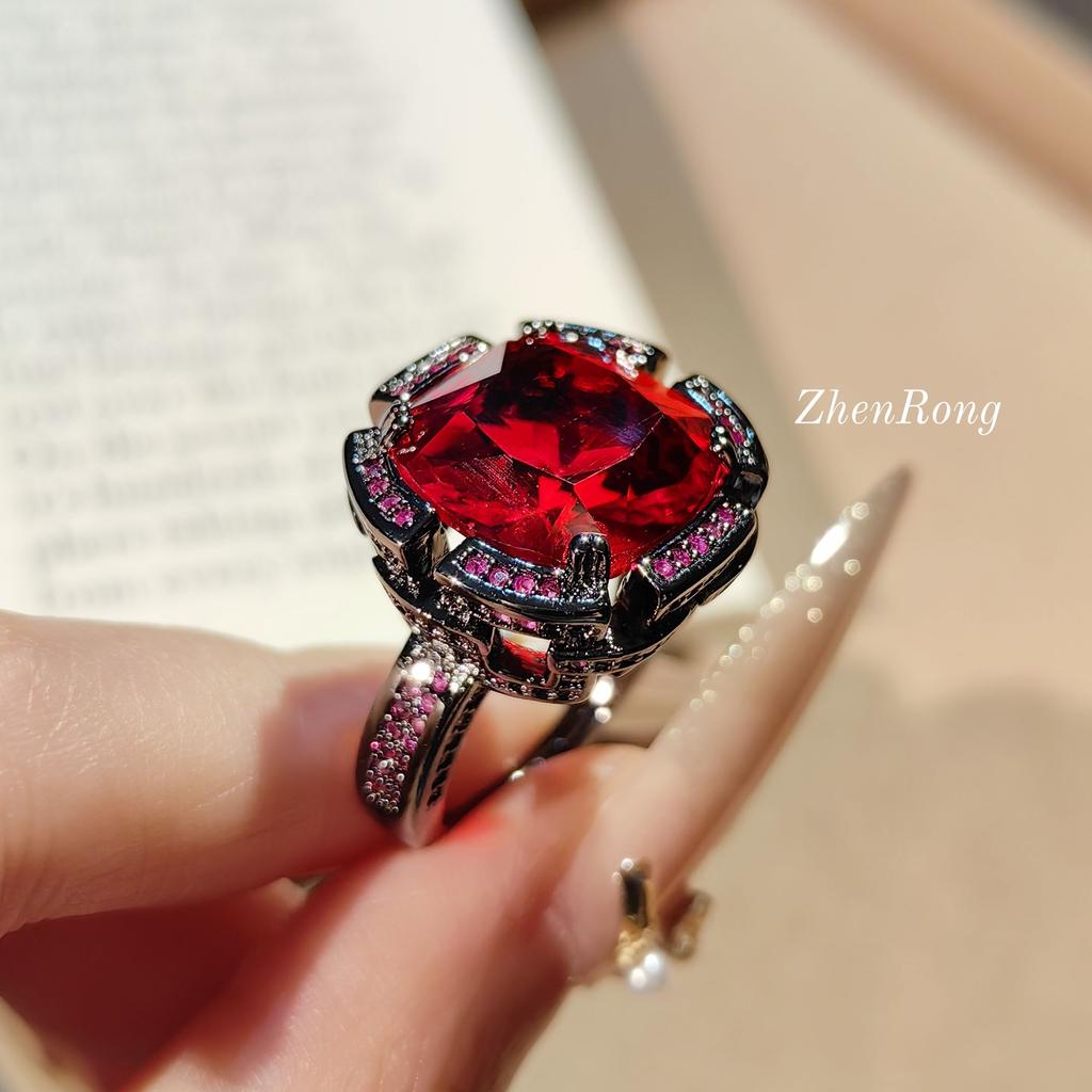 Dark Red Corundum Set, Personalized Black Gold Ring, Femininity Pendant, Necklace, Colorful Treasure Stud Earrings.