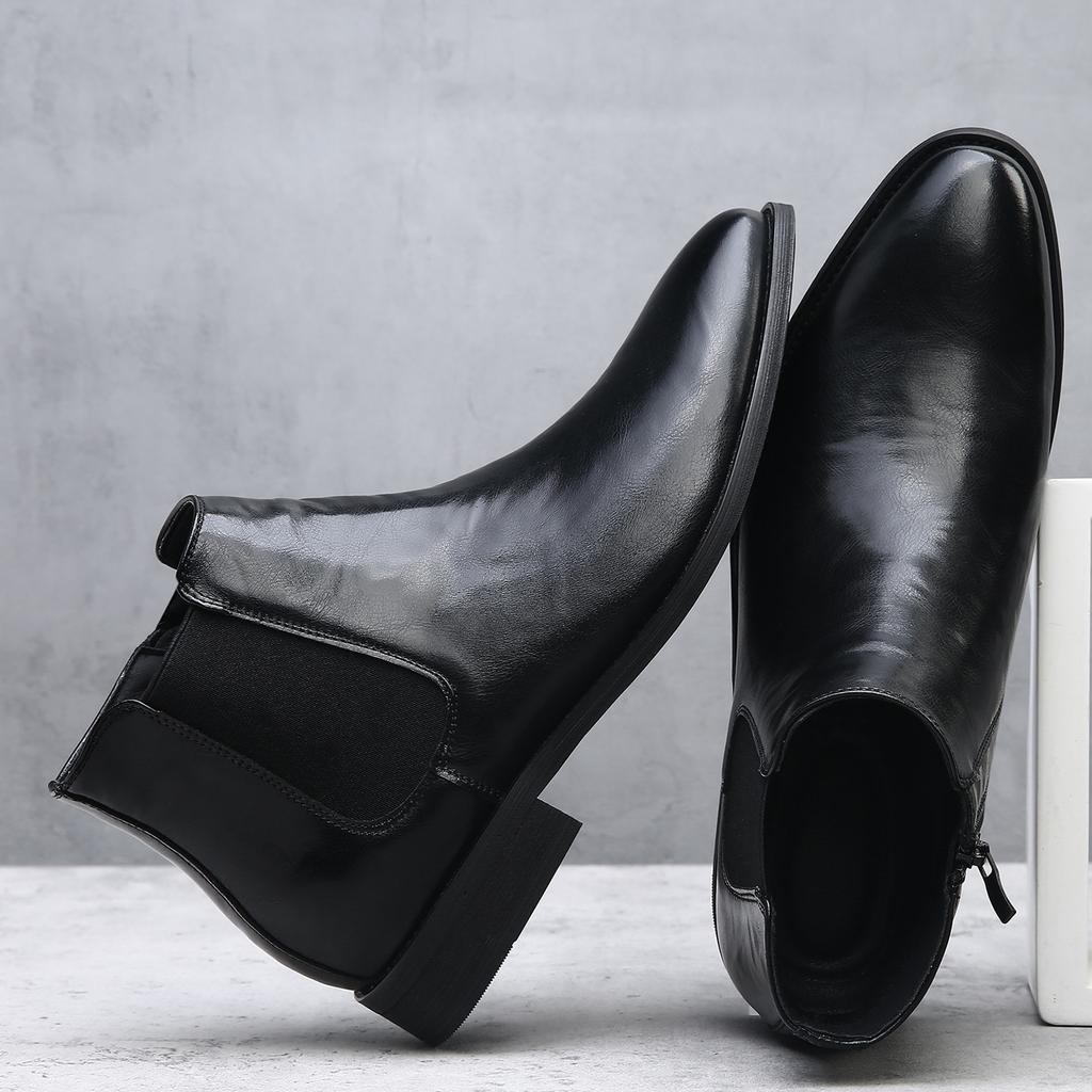 High-end retro pointed Chelsea boots men's one-pedal casual leather British leather boots mid-help Martin boots tide