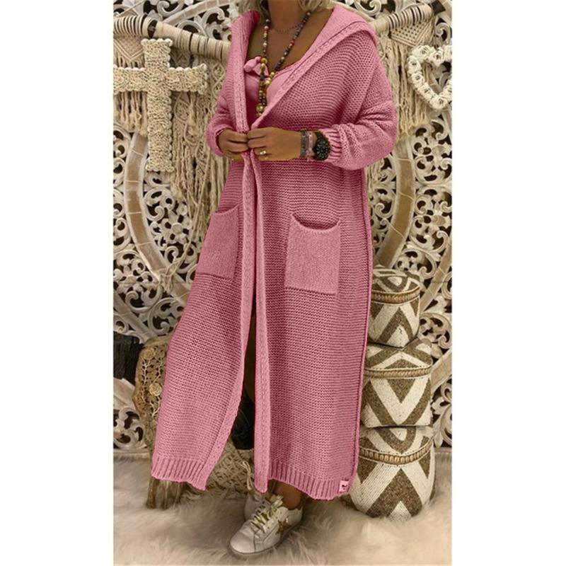 Женский осенне-зимний свободный вязаный повседневный свитер с длинным карманом и капюшоном XL розовый 2970₽