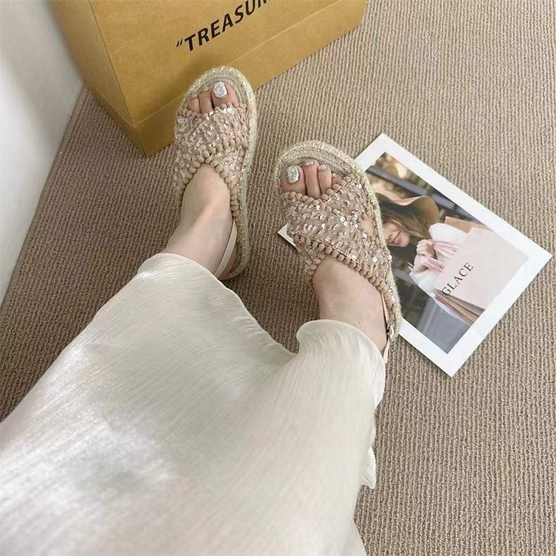Foreign trade sandals women wear new retro fairy wind full hemp rope bottom Roman beach sandals in summer 2025