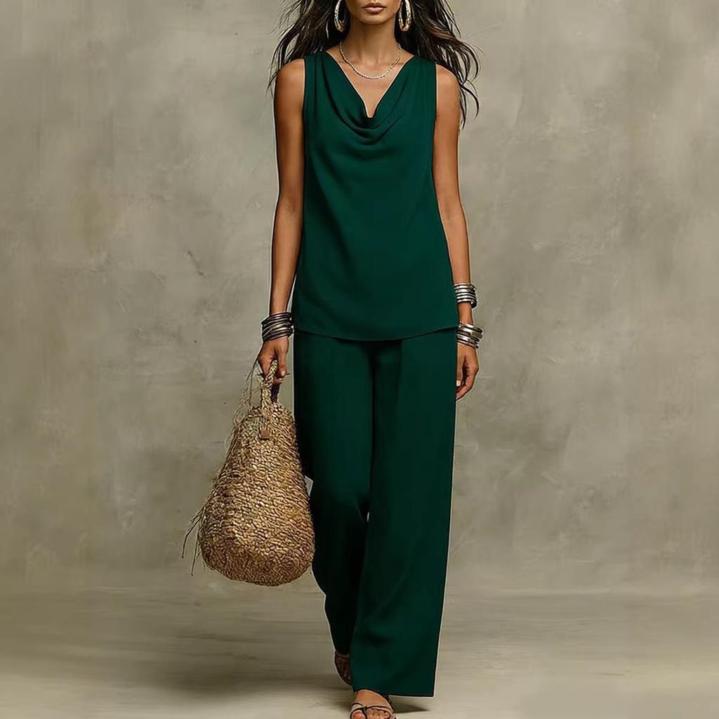 2026 Summer European and American New Women's Clothing Amazon Solid Color Casual Suit Cross-border V-neck Women's Top Set New