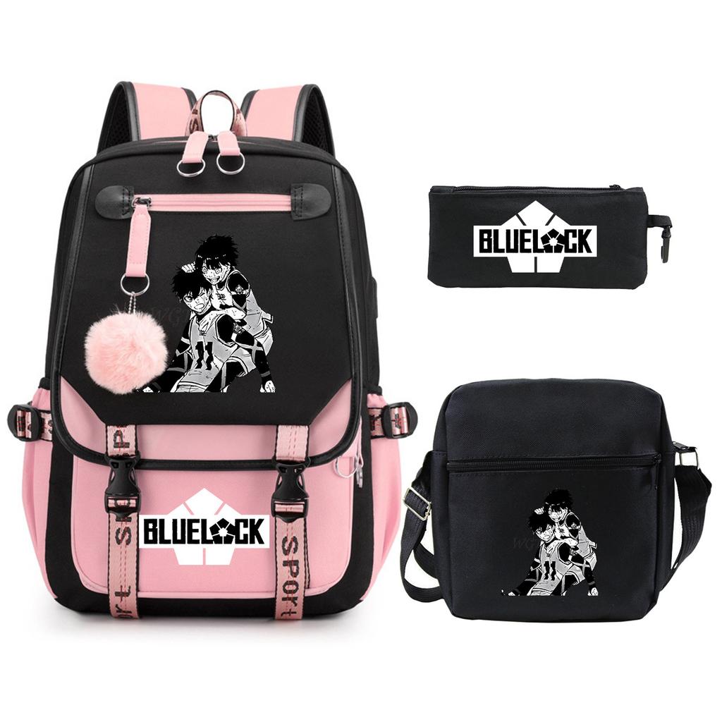 Blue Prison Student School Bag Large Capacity Children'S Shoulder Bag Casual Pencil Bag Set