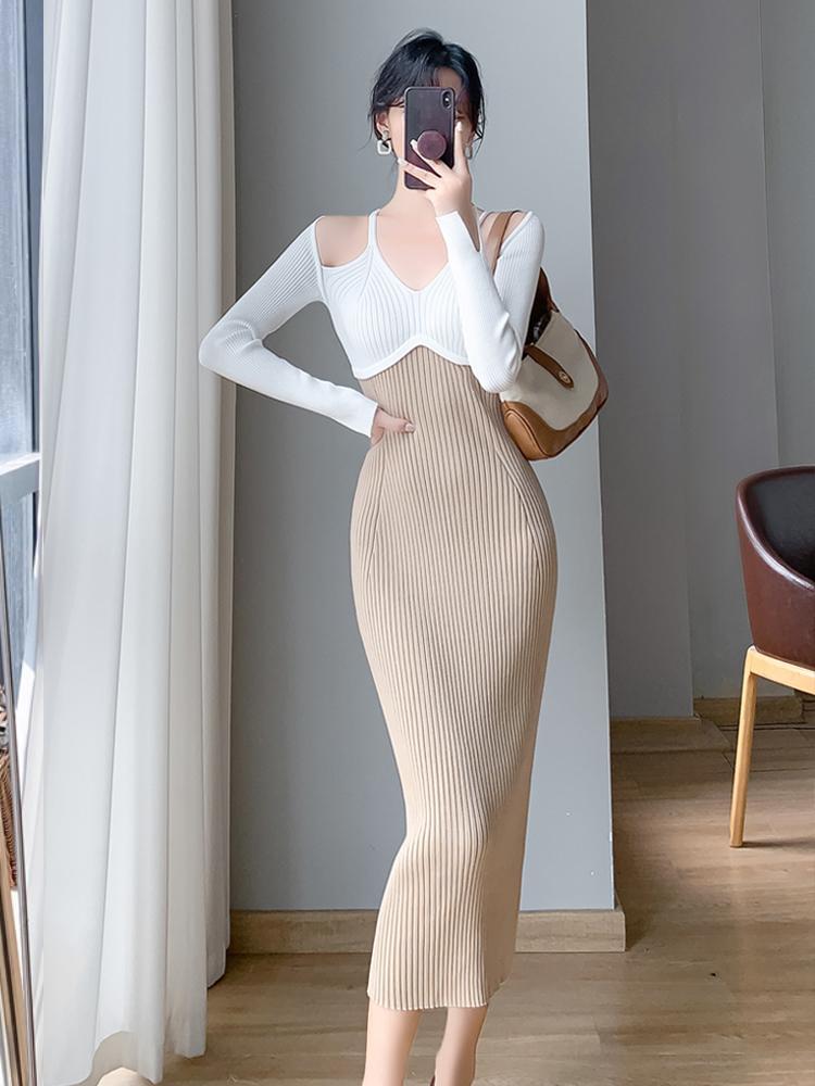 Французское винтажное хип-хоп трикотажное длинное платье женское осенне-зимнее элегантное — фото 4