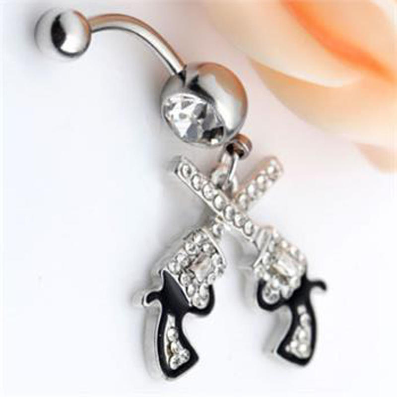 Gray Western Cowboy Cowgirl Revolver Pistol Gun Dangle Belly Button Ring Navel