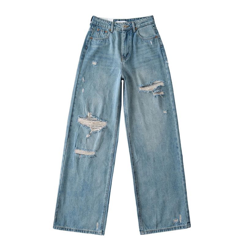 Spring and Summer New Women's Clothing Ins Casual All-Matching Fashion High Waist Loose Hole Wide Leg Mop Denim Pants