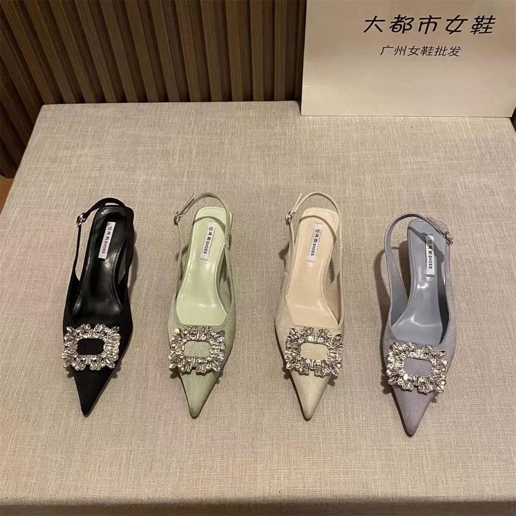 Rhinestone Square Buckle High Heels Women'S Thin Heels Pointed Head Shallow Mouth Empty Single Shoes Bag Head Sandals