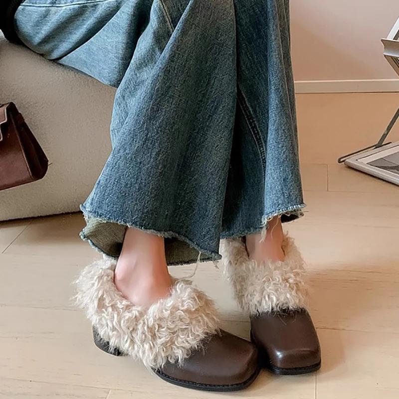 Designer Fluffy Mary Jane Shoes Fashion Shallow Slip On Shoes Winter Warm Square Toe Thick Heel Shoes