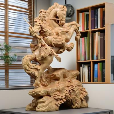 Wood Carving Riding a Horse Guan Gong God of Wealth Statue Chinese Mythological Figure Home Room, Office Decoration Accessories