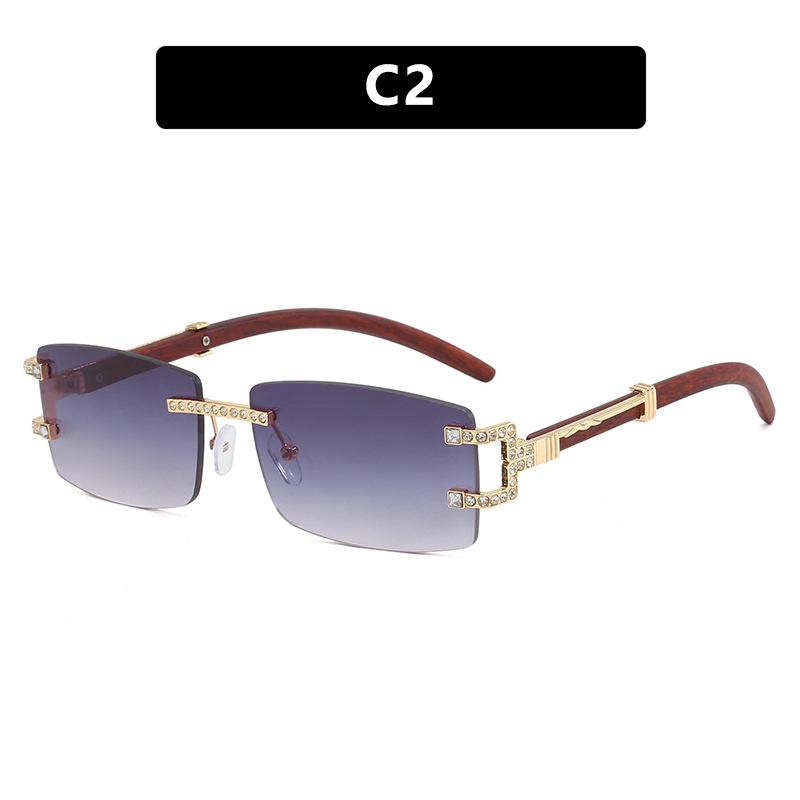 Unisex Rectangle Rimless Women Wood Leg Luxury Brand Designer Trendy Retro Frameless Sun Glasses UV400