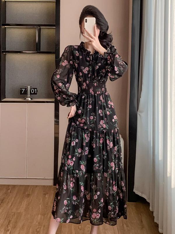 Korean Style Floral Ruffled Dress - Sweet Vacation, Waist-Cinching, Long Frilly Edge Design