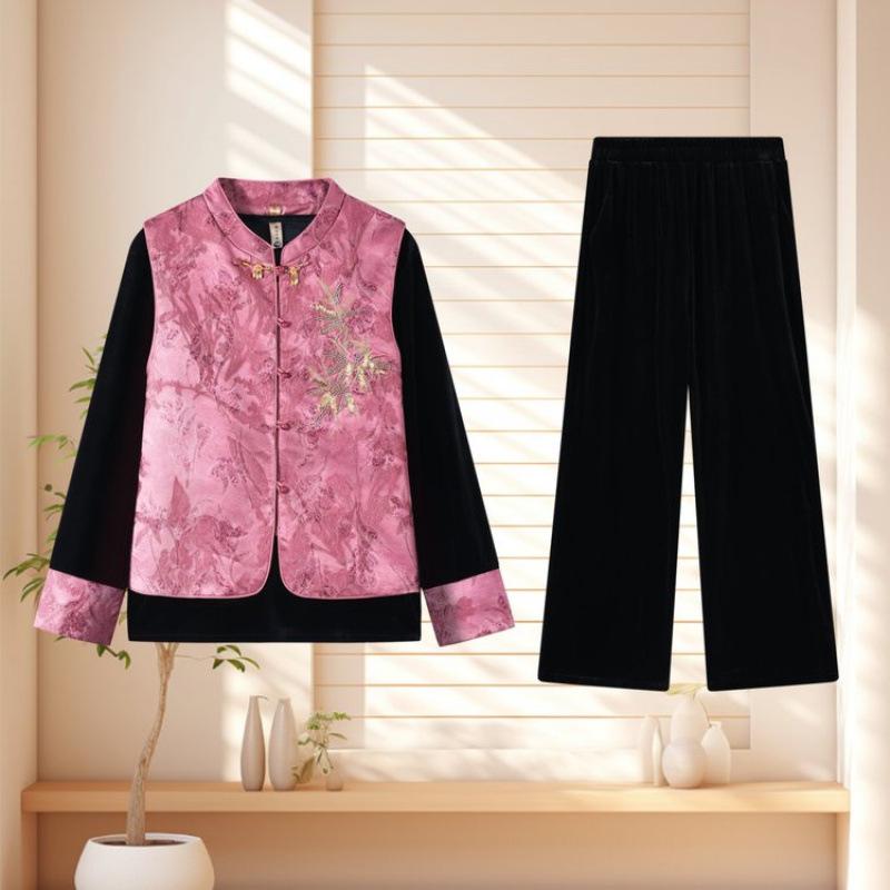 

Stylish Spring Gold Velvet Suit with Embroidered Vest for Mature Women - Chinese Three-Piece Set 6XL (160-165 lbs) розовый