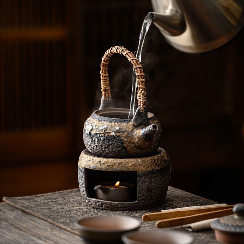 Vintage Japanese Style Rustic Ceramic Tea Kettle / Heating Base - Portable Handle Teapot for Home Use