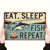 Vintage Metal Sign Rustic  Vintage Metal Tin Sign    Eat Sleep Fish Repeat  Durable Iron Artwork with Fish  Campfire