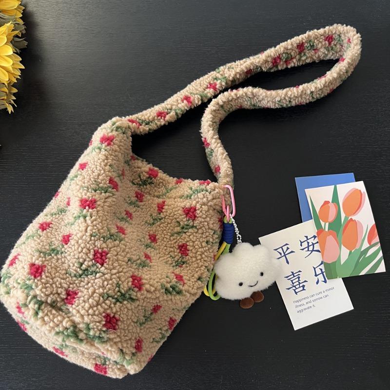 

Autumn and winter versatile wool bag retro tulip jacquard fleece shoulder bag messenger bag premium bucket bag without cloud charm