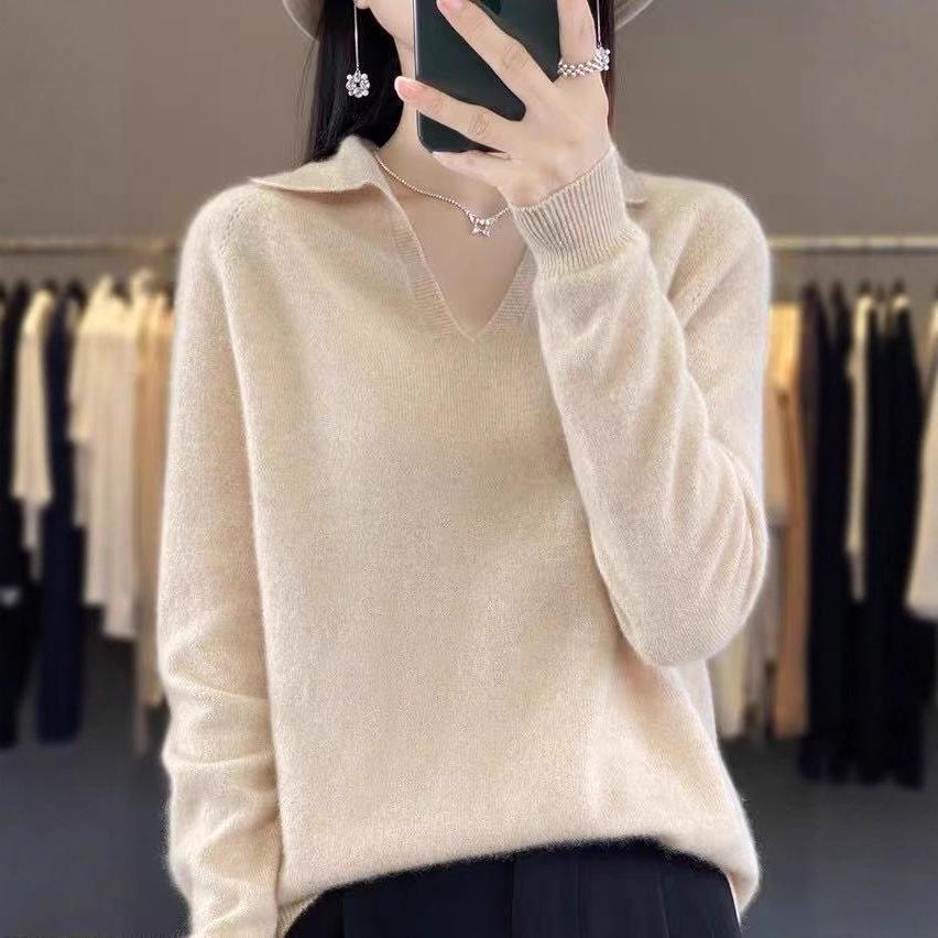 Autumn and Winter POLO Small V-neck Long-sleeved Loose Knitted Base Layer Sweater for Women