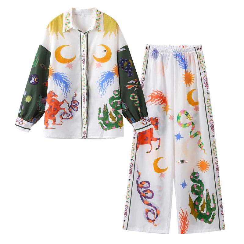 

Комплекты брюк с принтом для женщин, модная рубашка с длинным рукавом, женский костюм, широкие брюки, весна-лето, новый модный свободный повседневный женский комплект из двух предметов S