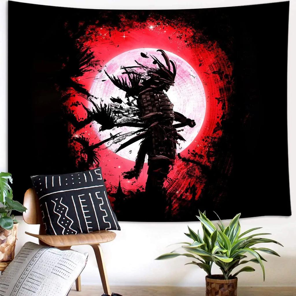 Samurai Warrior Tapestry  Bold Red Moon Art for Bedroom Decor Enhance Your Space with Dramatic and Cultural Vibes
