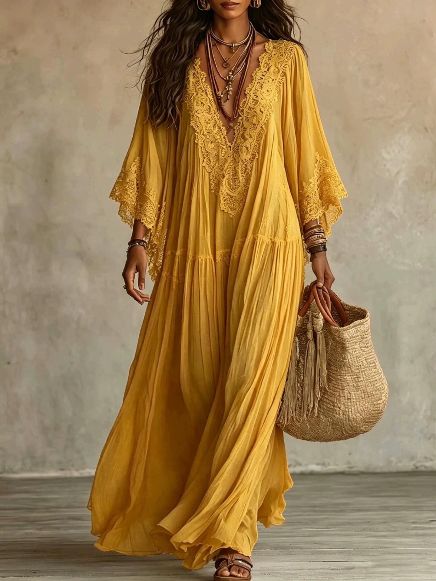 White lace V-neck long dress, bat-sleeved