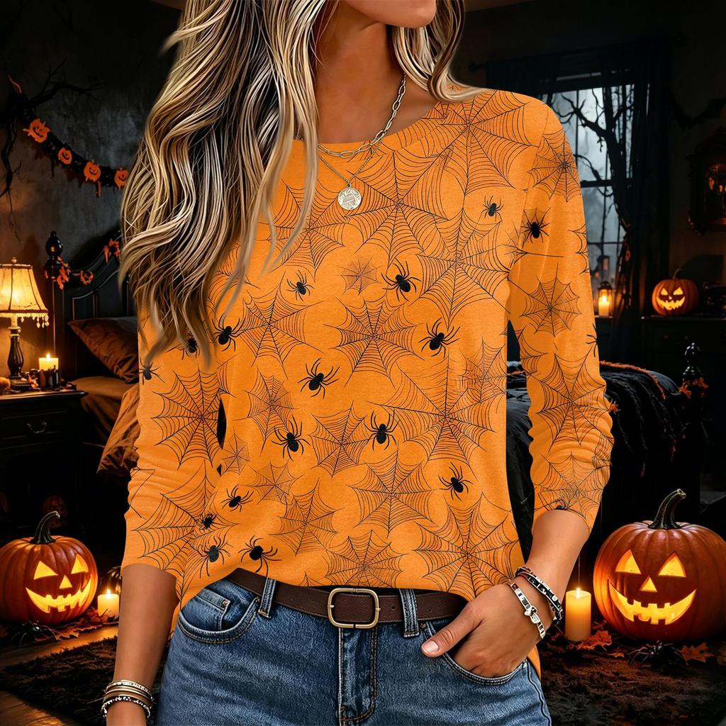 Women's Halloween Print Long Sleeve Neck Pullover T-Shirt for Fall