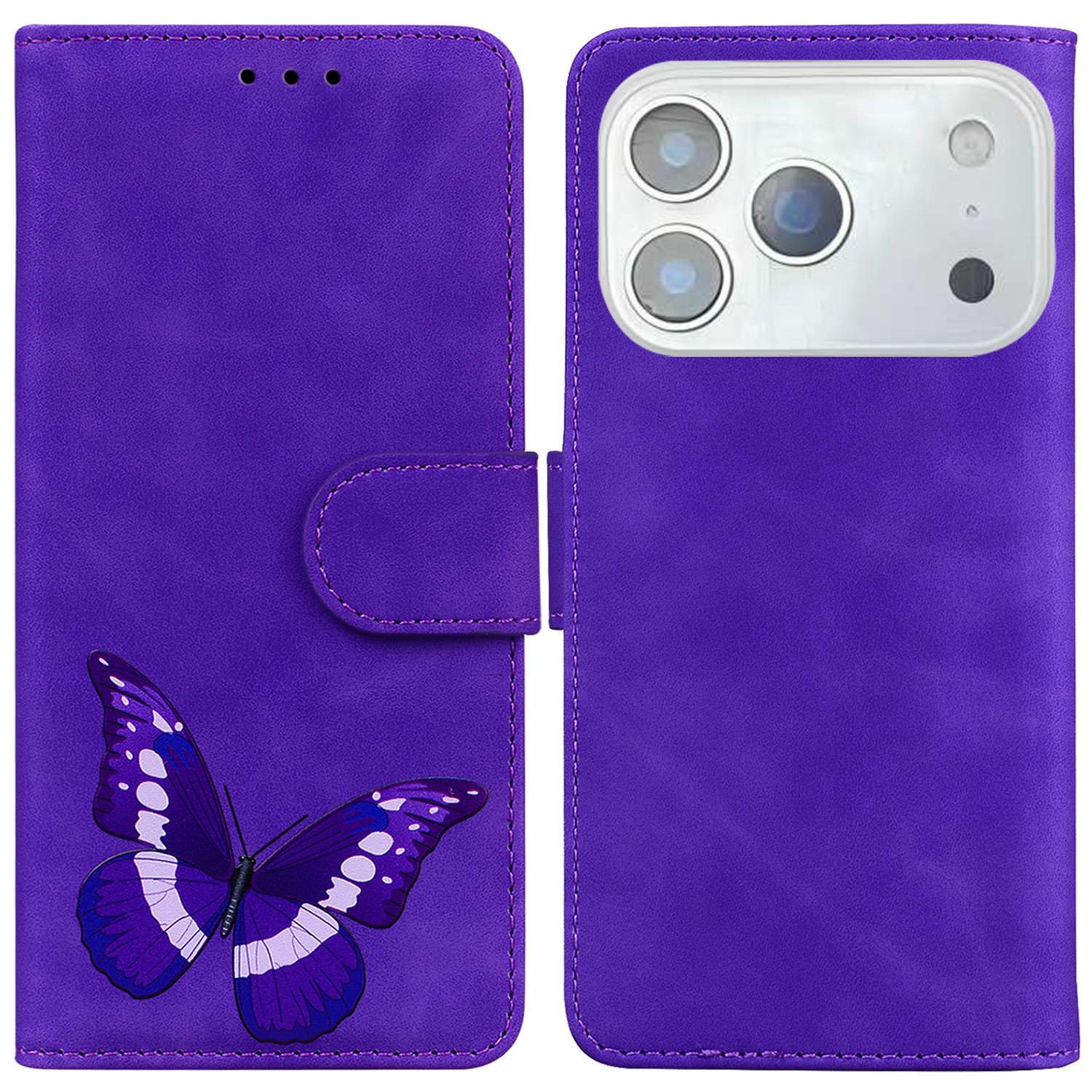 

For iPhone 17 Pro Stand Case PU Leather Phone Cover Butterfly Printed Purple