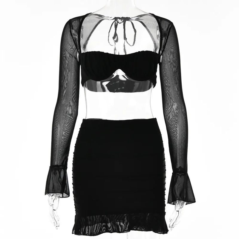 European and American Sexy Tube Top Two-piece Set Women Perspective Gauze Bandage Long Sleeve Short Dress Set Short Skirt Set