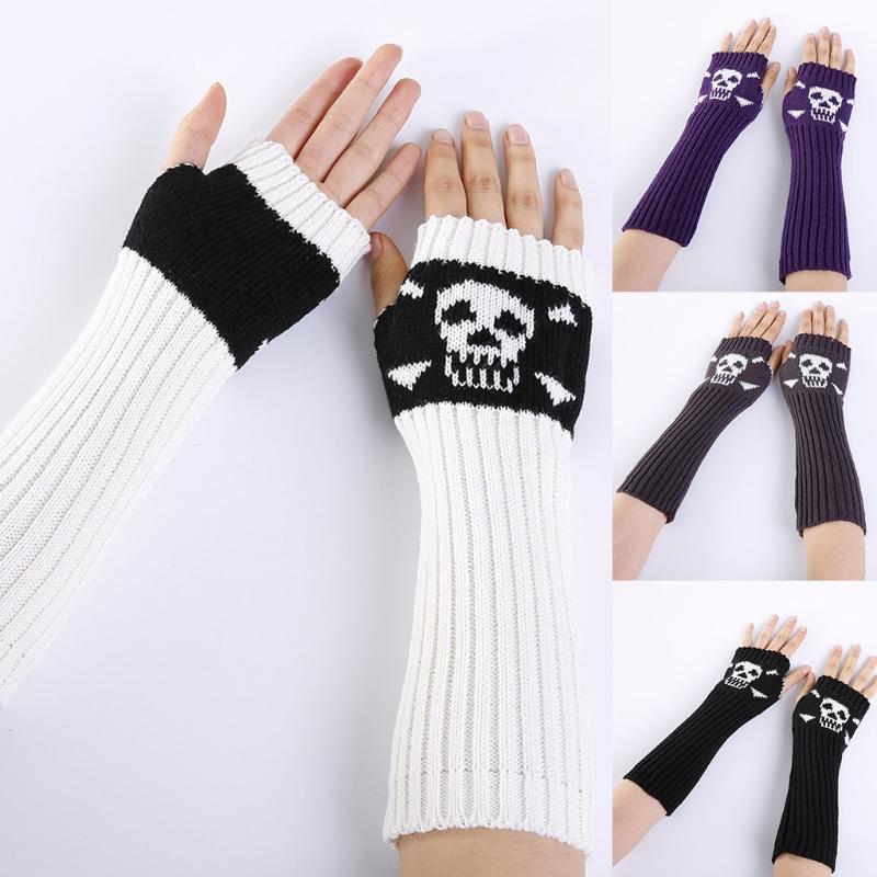 Winter Warme Fäustlinge Strick Fingerlose Armstulpen Warme Fahr-Armstulpen Totenkopf Dehnbar Weiche Handschuhe Halloween Kostüm