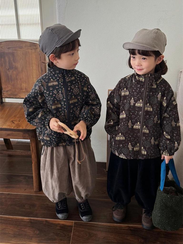 Jiaye Kinder 2025 Frühling Cord Neun-Punkte-Hose für Jungen und Mädchen - Retro Wald Pumphose