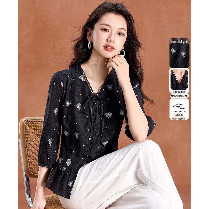 Elegant French Floral Print 3/4 Sleeve Blouse L