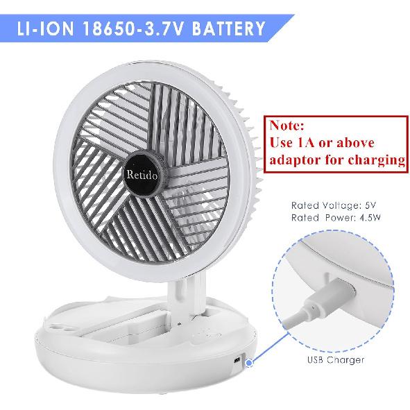 Rechargeable Portable Fan 7 inch USB Small Desk Fan Foldable with LED Light 4 Wind Speeds and Hook Quiet Personal Traveling Fan for Bedroom Office RV
