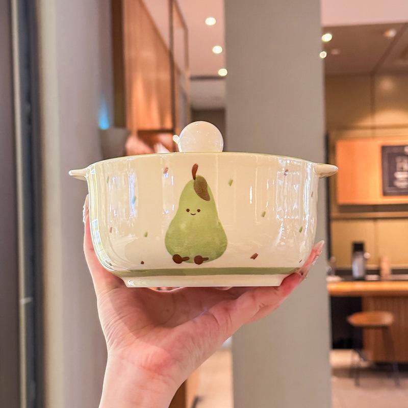 Ins High-value Fruit Croissant Ceramic Instant Noodle Bowl with Lid Binaural Soup Bowl Student Dormitory Instant Noodle Bowl