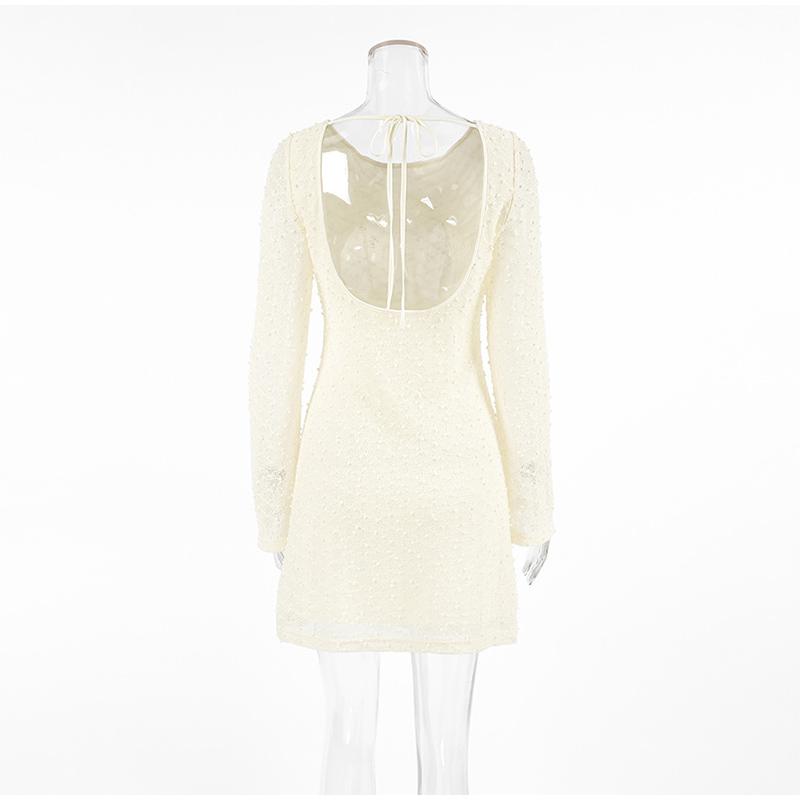 Elegant Backless Slim Dress Women Lace Up Round Neck Long Sleeved Dresses Summer High Waist Fashion Pullover Mini Short Dress