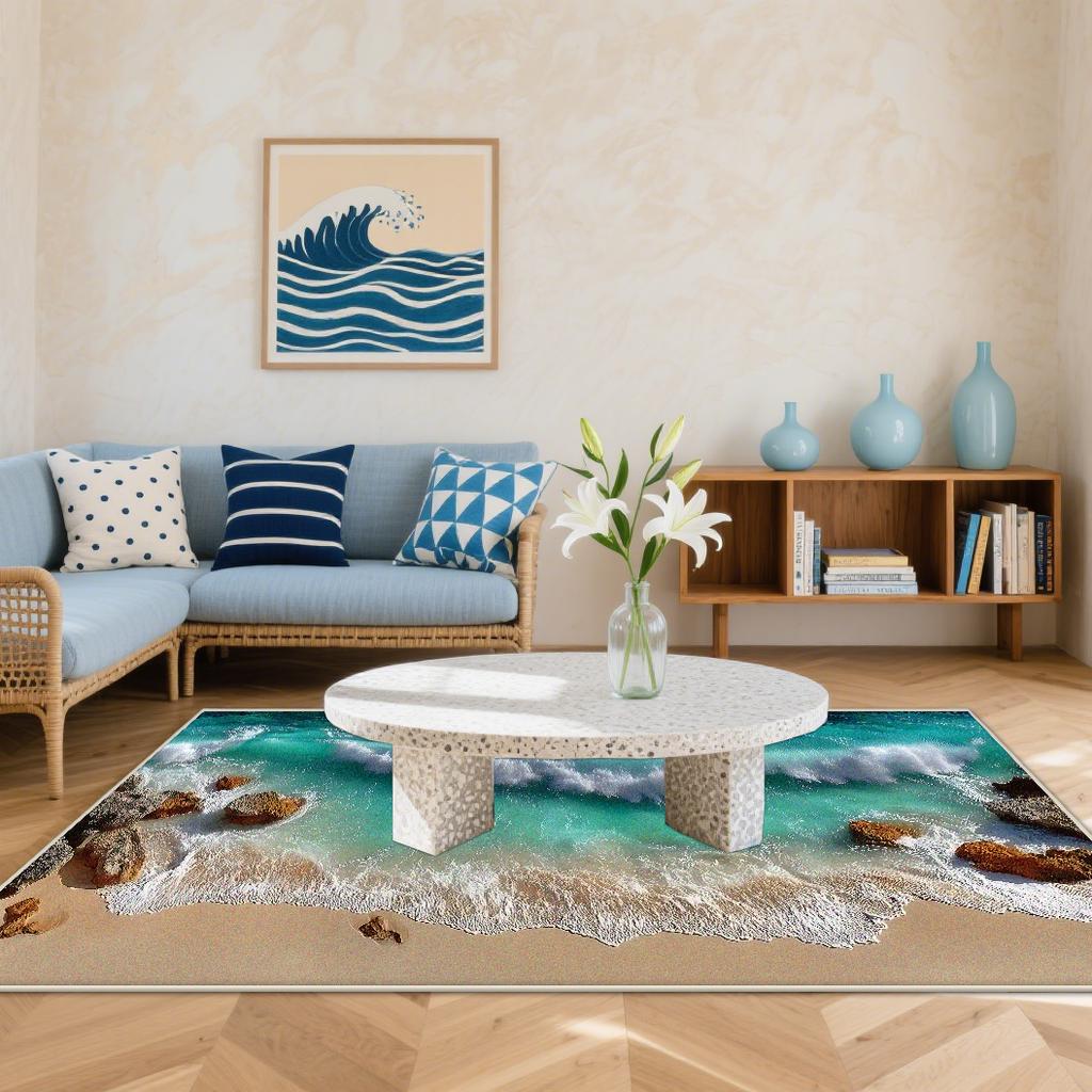 3D Küstenstrandwellen Teppiche Wohnzimmer Cartoon Dekoration Zuhause Großer Teppich Sofabereich Teppich Schlafzimmer Lounge Bodenmatte Waschbar