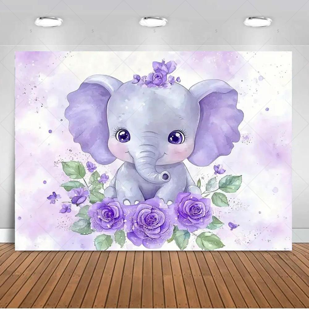 Cartoon Elephant Flower Photography Backdrop Kids Birthday Party Decor Background Baby Shower Supplies Newborn Photo Shoot Props