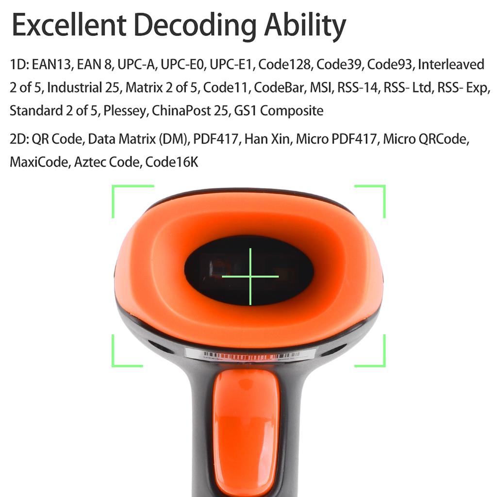 Handheld 1D 2D QR Barcode Scanner USB Kabelgebundener Barcode-Leser Manuell Kontinuierliches Scannen CMOS-Bildsensor Unterstützt Papier
