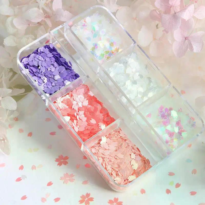 6 Grids Shining Flower Petal Chip Nail Sequins Cherry Blossoms Glitter Stickers Spring Holographic Decor Flakes Colorful Decor