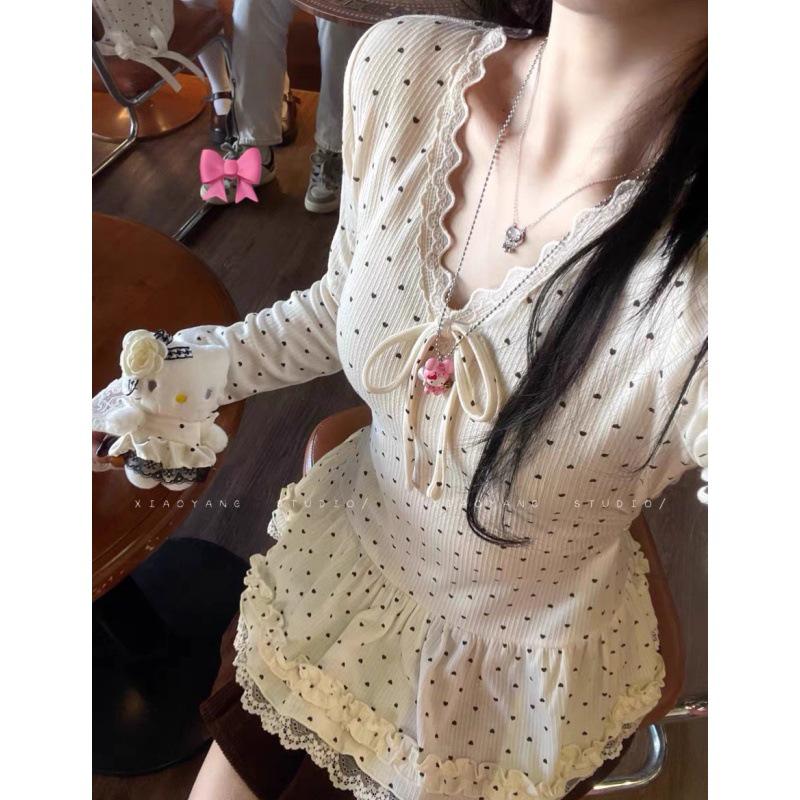 260g Cotton Modal Lace Trim V-Neck Long Sleeve Slimming Top XL