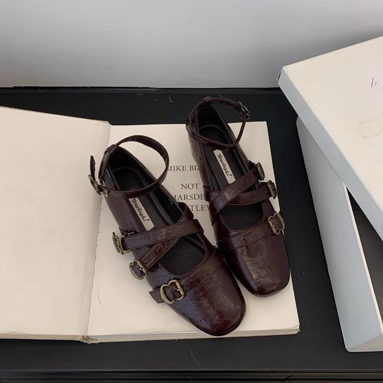 Cross belt design sense Mary Jane single shoes women's 2025 spring new French flat bottom square head commuter small leather shoes