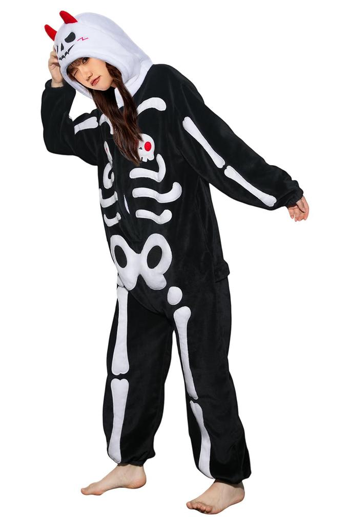 OLAOLA Halloween Skeleton Kigurumi Halloween Costume for Warm and Fluffy Animal Costume for Parties and Cold Weather Protection Pajamas, Adults, (Size