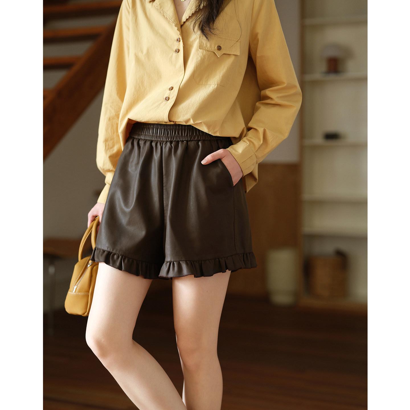 

2025 High Waist PU Leather A-line Shorts with Lace Patchwork for Women 2XL кофейный