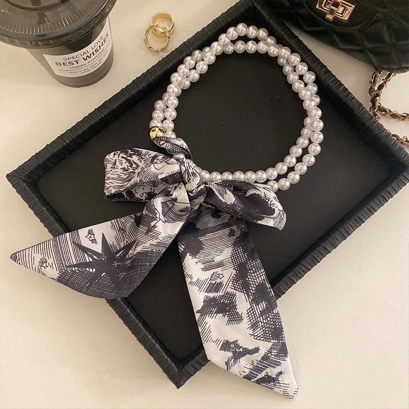 Vintage Pearl Necklace With Silk Scarf Necklace