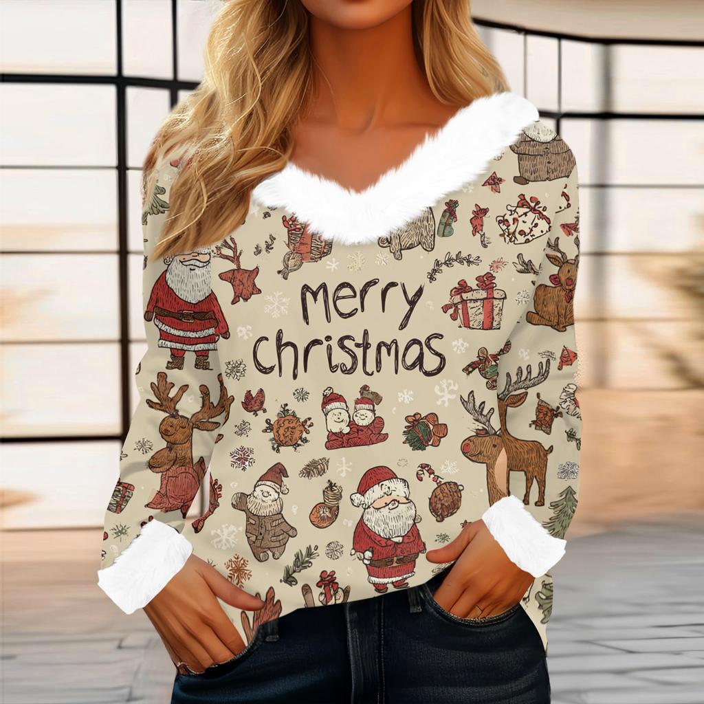 Women's Casual Fashion Long Sleeve Christmas Printed Flannel Collar Top