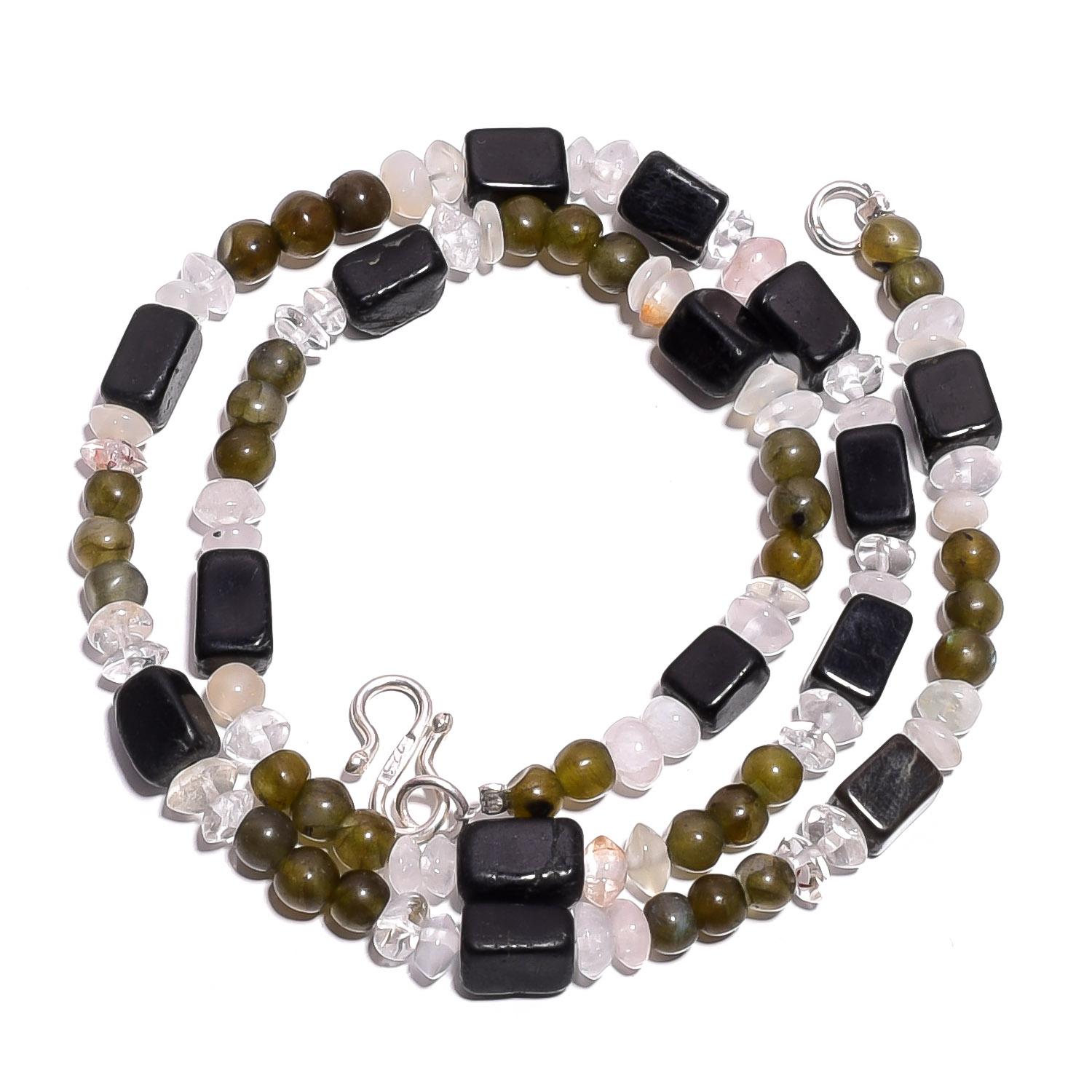 

Natural Black Onyx Labradorite Crystal Gemstone Smooth Beads Necklace 17 UB4714 UB-4714