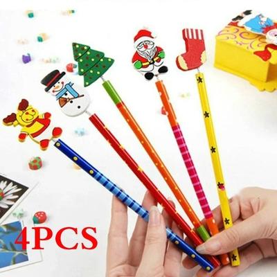4PCS  Creative Stationery Children's School Supplies Cute Cartoon Wooden Christmas Rubber Sleeve Pencil Christmas Gift