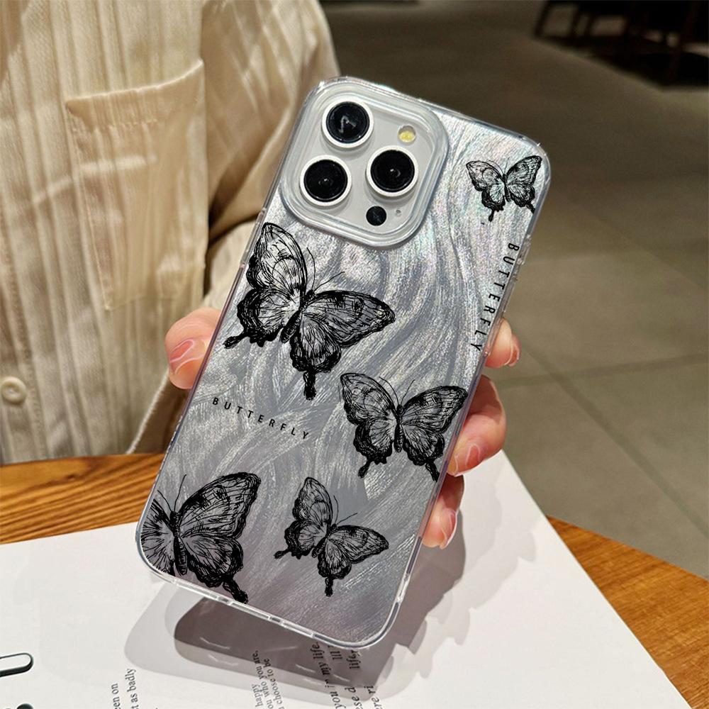 Feather yarn gradual change sketch black butterfly iPhone17 anti-drop mobile phone case Apple 16promax premium sense protective case