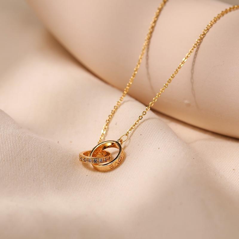 Interlocking Double Ring Gold Plated Zircon Light Luxury Simple Clavicle Necklace For Women